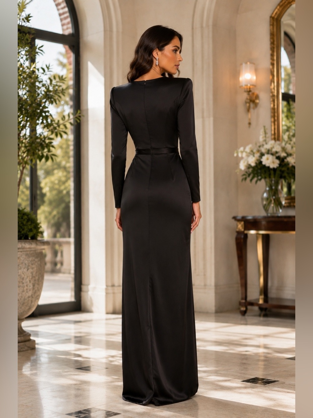 New MAC DUGGAL Black Long Sleeve Satin Structured Bow Draped Column Gown Size 6 - Picture 2 of 11